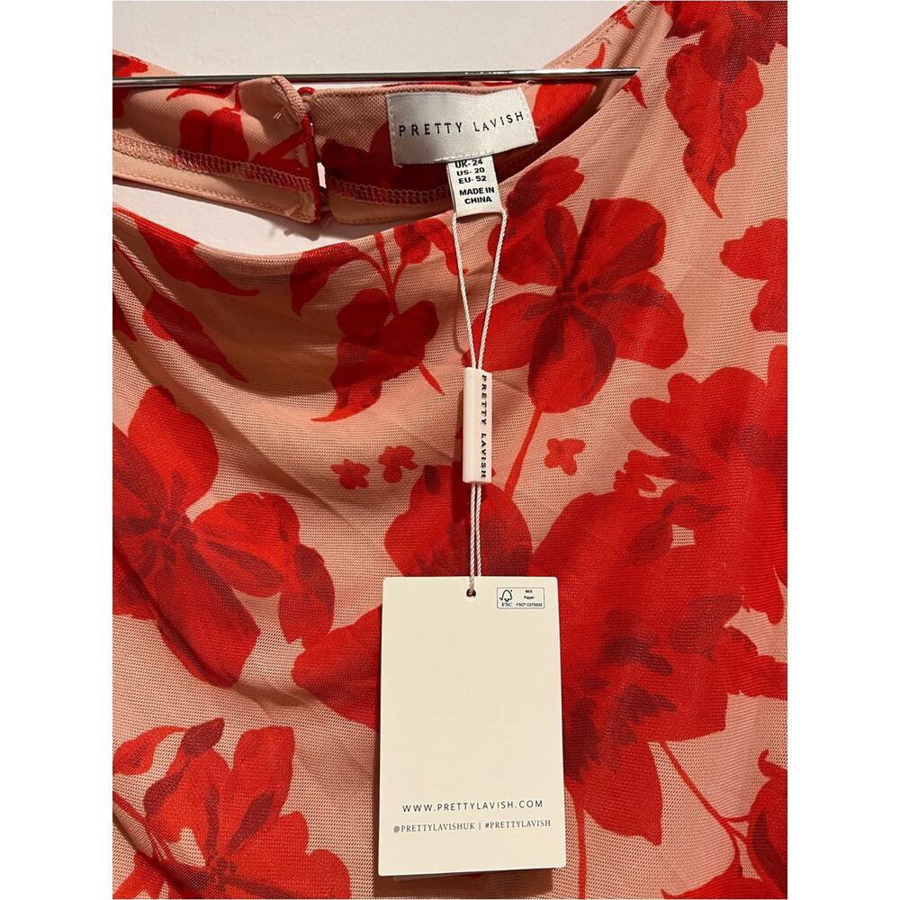 Pretty Lavish Floral Mesh Maxi Dress Size 20 Pink Red Ruched Long Sleeve NWT - Picture 5 of 9